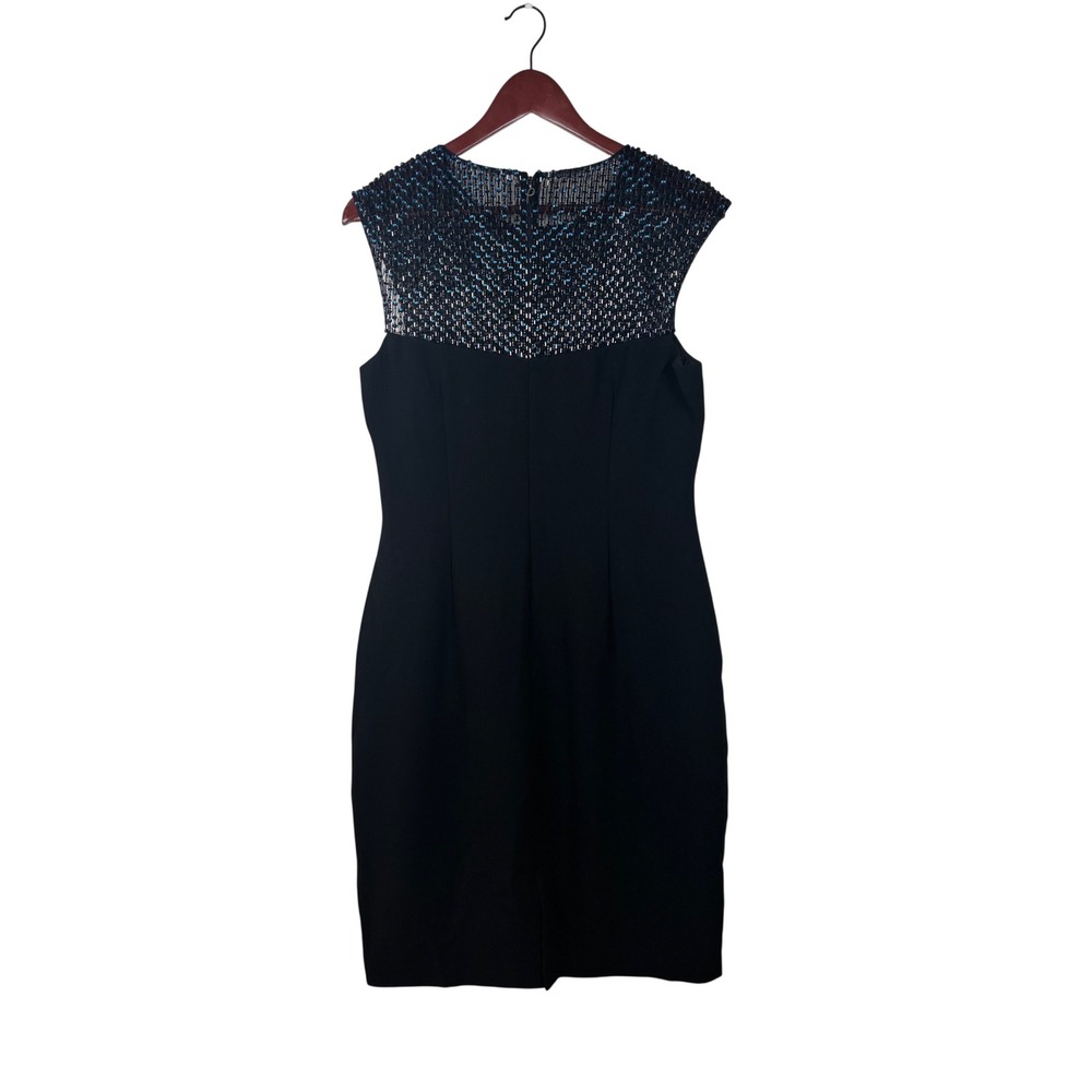 Vintage Pamella Roland Beaded Sheath Dress 10 Black Blue Sequin Mesh Formal